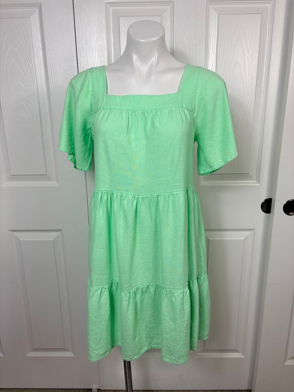 Loft Green Linen Blend Tiered Dress Square Neck Flutter Short Sleeve Size S